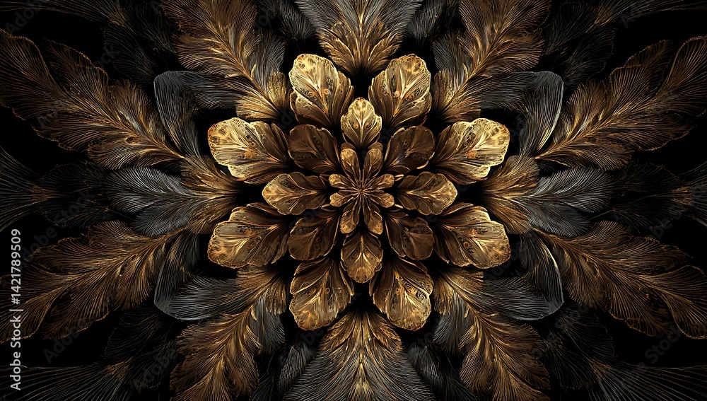 Fototapeta premium A symmetrical fractal pattern of an intricate flower in gold and brown, on a black background.