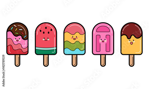 set of cute cartoon popsicles with kawaii face - ice cream set - set of popsicle icon vector 