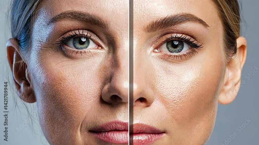 Aging Gracefully: Side-by-side comparison of a woman's face highlighting the transformation from aged skin to rejuvenated and youthful glow. Highlighting skincare and anti-aging benefits