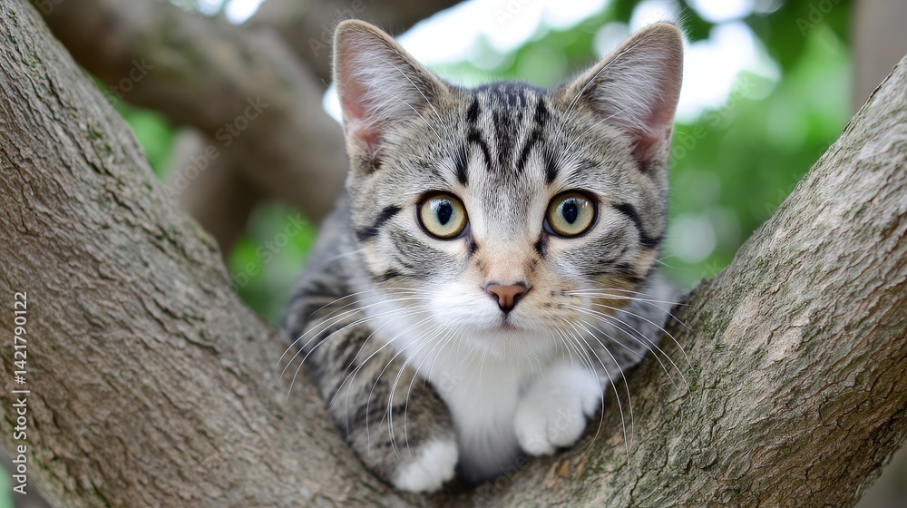 Adorable Kitten in Tree Branch - A cute tabby kitten sits perched on a tree branch, looking directly at the camera. Its green eyes are captivating