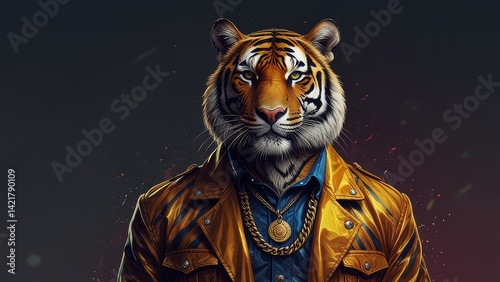 Animal Rapper Tiger with shiny glasses on eyes and Jacket and golden chains in neck, Abstracted Illustration Digital Art Hintergrund Background Cover