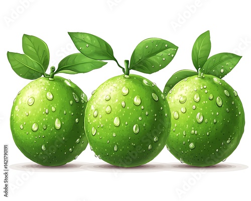 Three Fresh Green Fruits Adorned With Water Droplets And Leaves