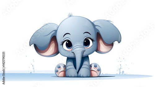 Cute Cartoon Sad Little Elephant Vector Illustration for Children's Books and Prints