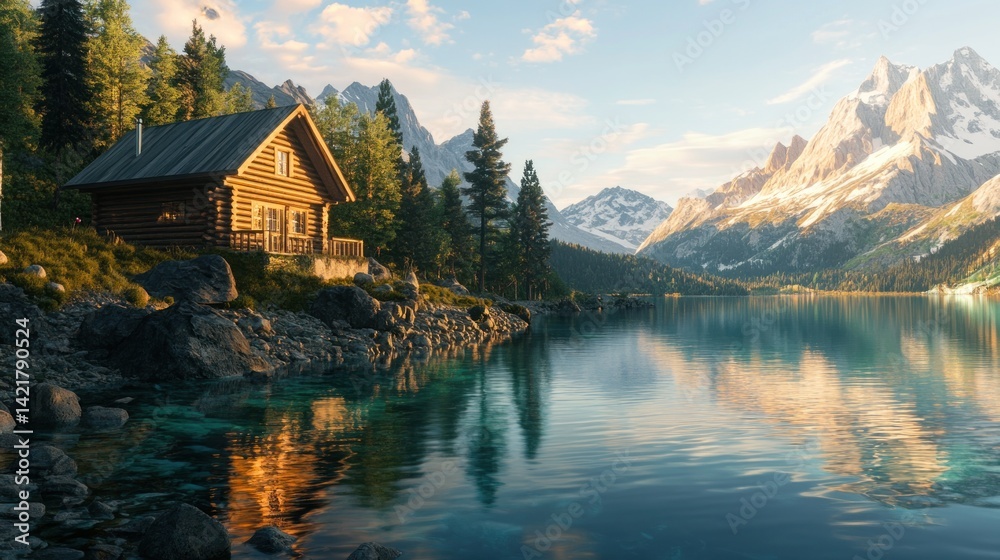 Fototapeta premium Rustic mountain cabin by a serene lake at dawn