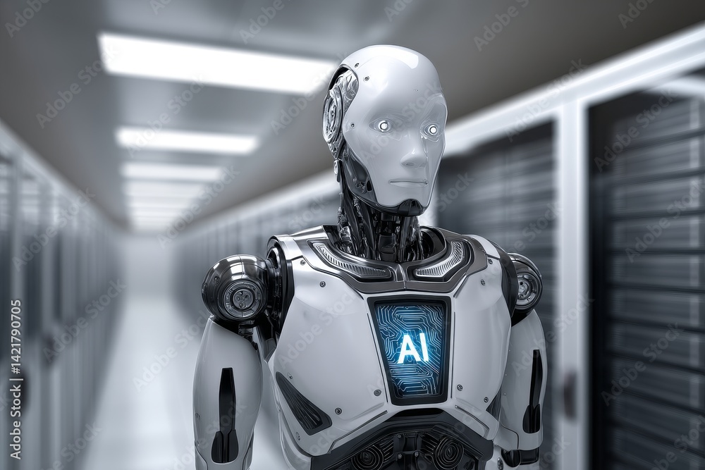 Ai Powered Robot in Server Room - AI technology, futuristic robot, data center, transformation, technological advancement. Symbolizing innovation, automation, intelligence, efficiency Ai Powered Robot in Server Room - AI technology, futuristic robot, data center, transformation, technological advancement. Symbolizing innovation, automation, intelligence, efficiency