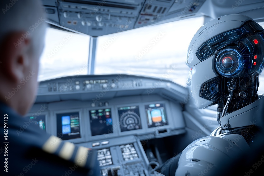Airplane Cockpit: Human Pilot and Robot Copilot - A human pilot and a robot copilot share the controls in a modern airplane cockpit. Symbolizing: technological advancement, automation, collaboration Airplane Cockpit: Human Pilot and Robot Copilot - A human pilot and a robot copilot share the controls in a modern airplane cockpit. Symbolizing: technological advancement, automation, collaboration