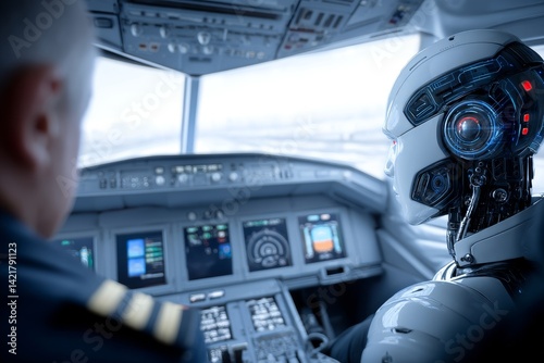Airplane Cockpit: Human Pilot and Robot Copilot - A human pilot and a robot copilot share the controls in a modern airplane cockpit. Symbolizing: technological advancement, automation, collaboration