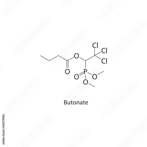 Butonate skeletal structure. Ester compound schematic illustration. Simple diagram, chemical formula.