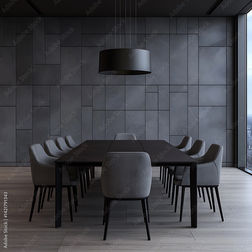 Modern Dining Room Interior with Dark Table, Gray Chairs, Statement Lighting, and Sophisticated Wall Panels, Minimalist Design.