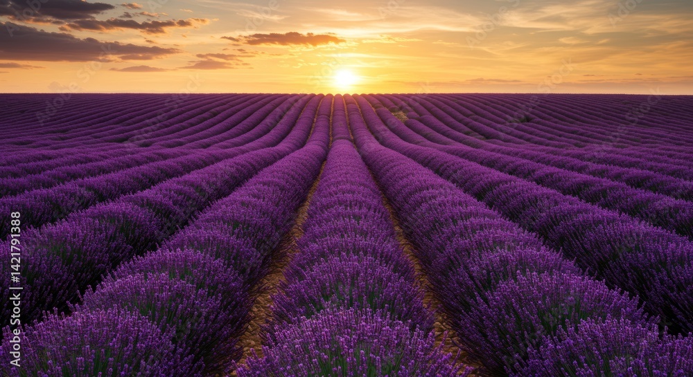 Lavender field rows stretch to the horizon under a sunset sky.