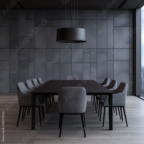 Obraz na płótnie Modern Dining Room Interior with Dark Table, Gray Chairs, Statement Lighting, and Sophisticated Wall Panels, Minimalist Design. w salonie