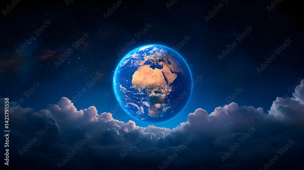 Obraz premium Earth at Night Surrounded by Clouds and Stars