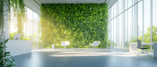 Modern workspace with greenery-covered terraces, clean glass walls, and open interiors designed for employee well-being