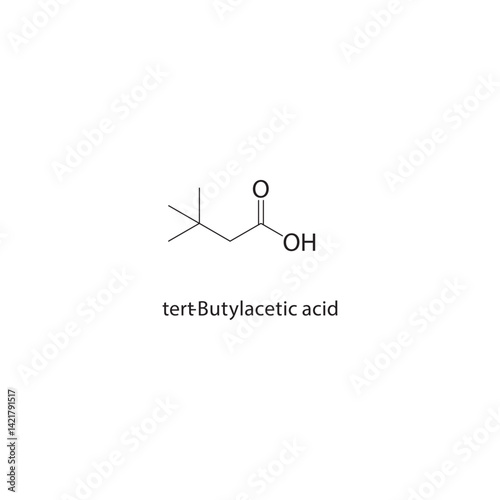 tert-Butylacetic acid skeletal structure. Carboxylic acid compound schematic illustration. Simple diagram, chemical formula.