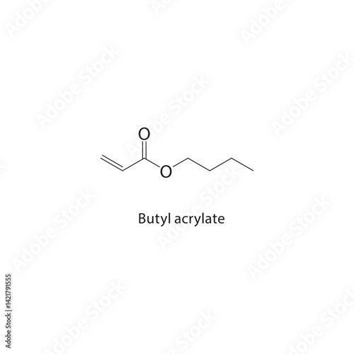 Butyl acrylate skeletal structure. Acrylate compound schematic illustration. Simple diagram, chemical formula.