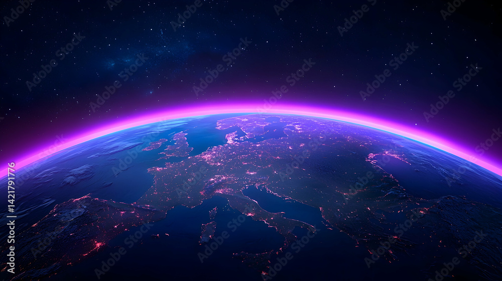 Fototapeta premium Earth at Night with Purple Atmospheric Glow