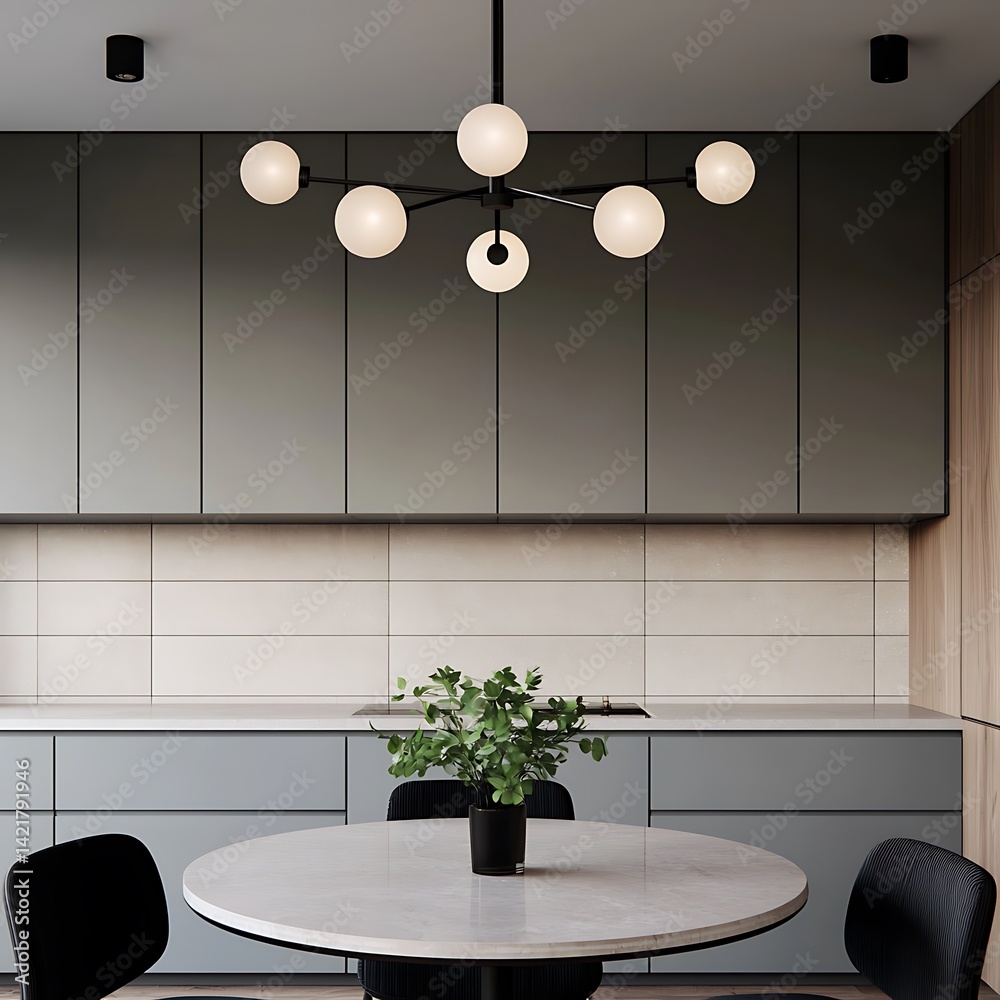 Modern Kitchen Interior Design with Gray Cabinets, Round Table, Lighting Fixtures, and Minimalist Aesthetic for Home Decor.