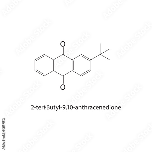 2-tert-Butyl-9,10-anthracenedione skeletal structure. Quinone compound schematic illustration. Simple diagram, chemical formula.