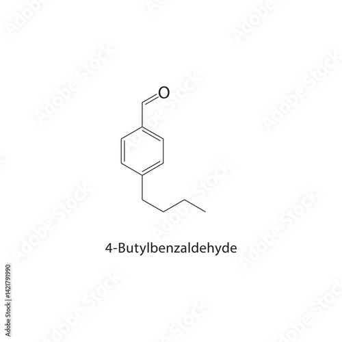 4-Butylbenzaldehyde skeletal structure. Aromatic aldehyde compound schematic illustration. Simple diagram, chemical formula.