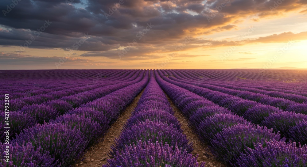 Lavender field with rows under a dramatic cloudy sky at sunset or sunrise. Lavender field with rows under a dramatic cloudy sky at sunset or sunrise.