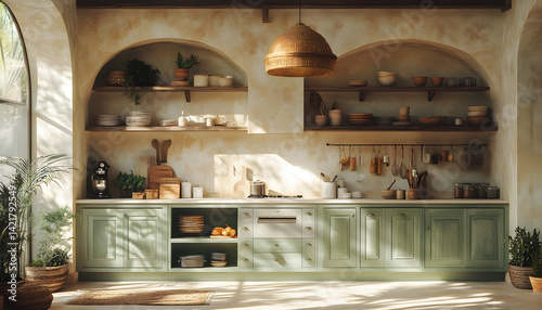 Sunlit Mediterranean Kitchen with Sage Green Cabinets and Rustic Decor