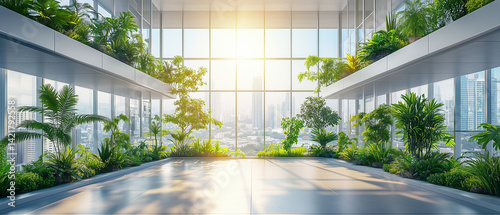 Modern workspace with greenery-covered terraces, clean glass walls, and open interiors designed for employee well-being