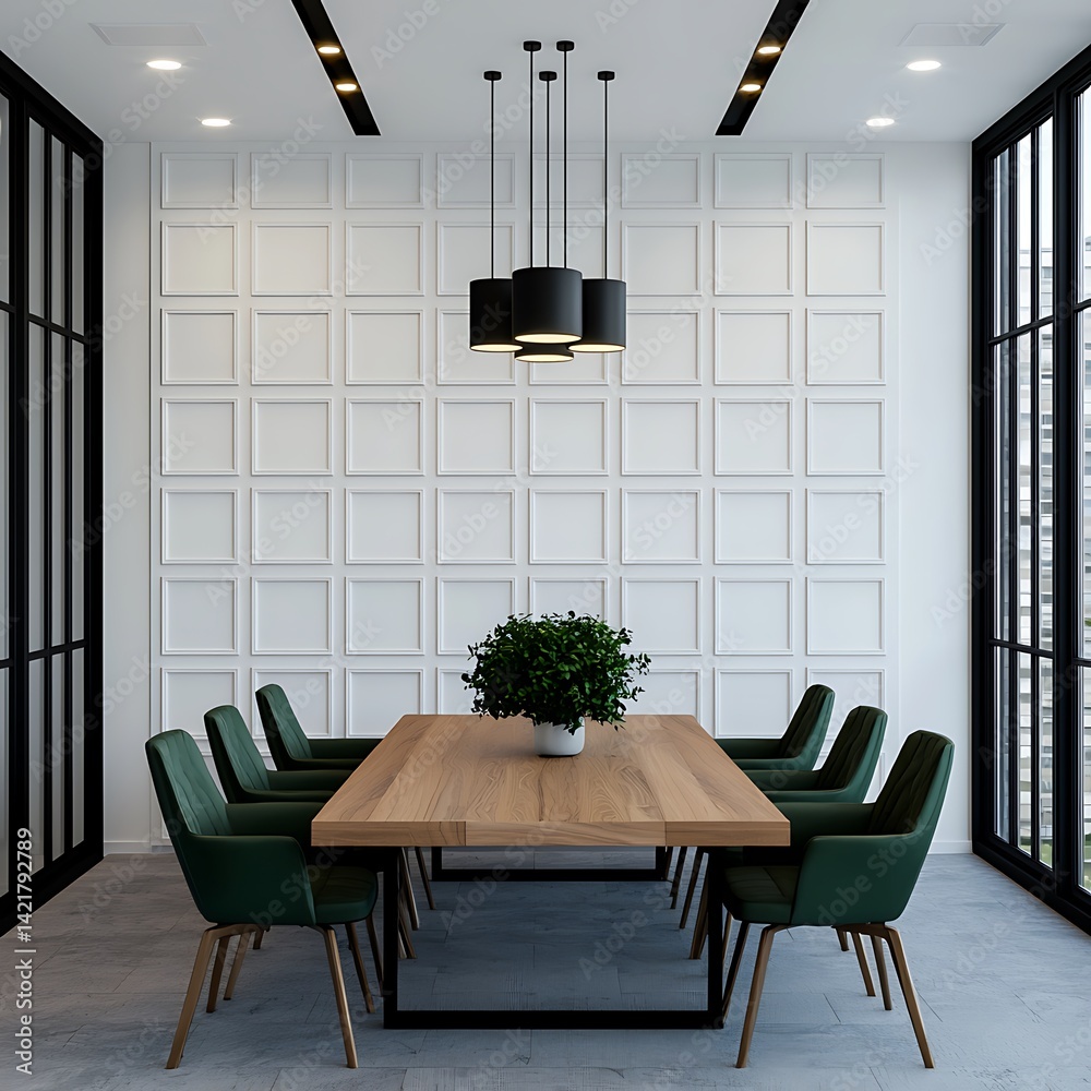 Elegant Dining Room with Modern Furniture, Natural Light, and White Square Wall Paneling for Interior Design Ideas