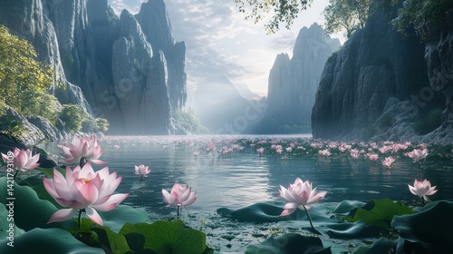 Misty mountain lake filled with pink lotus flowers