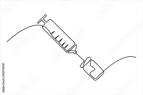 Continuous one line drawing of Vaccine and syringe outline art vector illustration