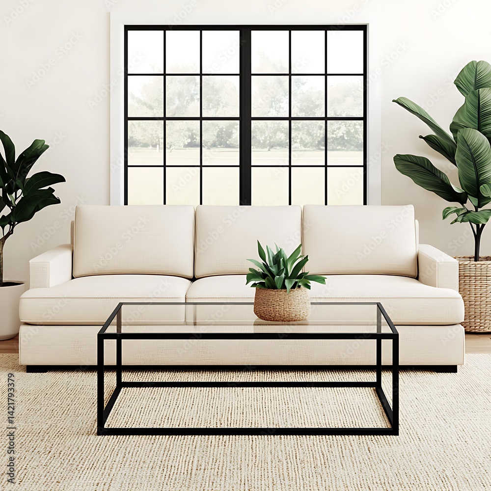 Minimalist Living Room Interior with Neutral Sofa, Glass Table, Plants and Window View Decor, Modern Style Design