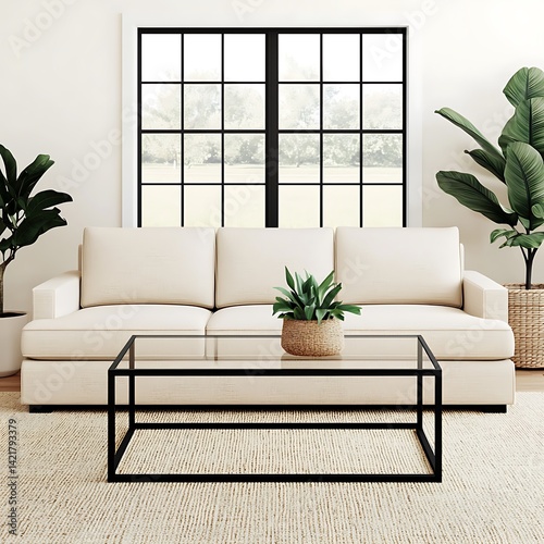 Obraz na płótnie Minimalist Living Room Interior with Neutral Sofa, Glass Table, Plants and Window View Decor, Modern Style Design w salonie