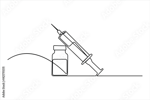 Continuous one line drawing of Vaccine and syringe outline art vector illustration
