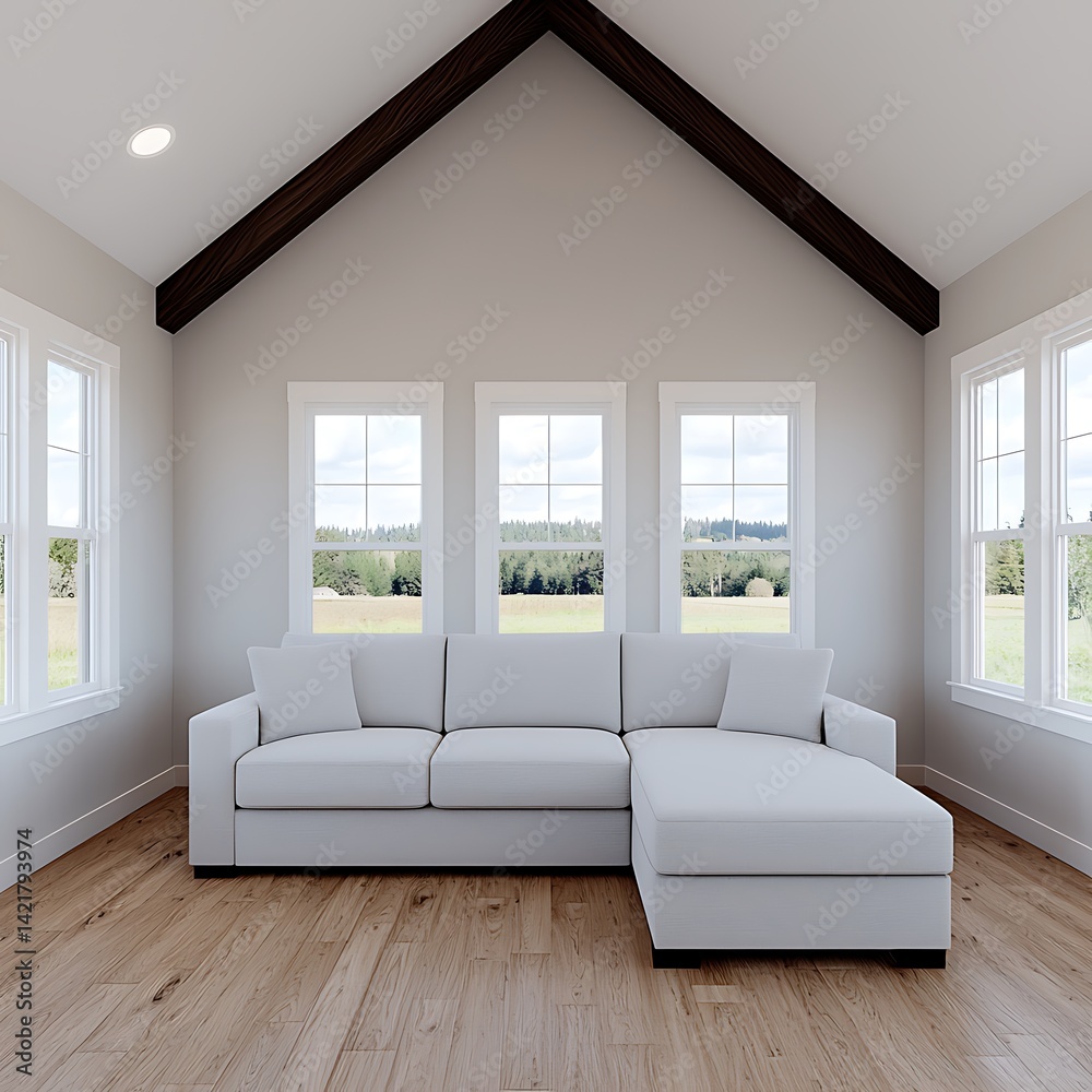 Bright Living Room Interior with Vaulted Ceiling, Large Windows, White Sofa and Natural Wood Floors.