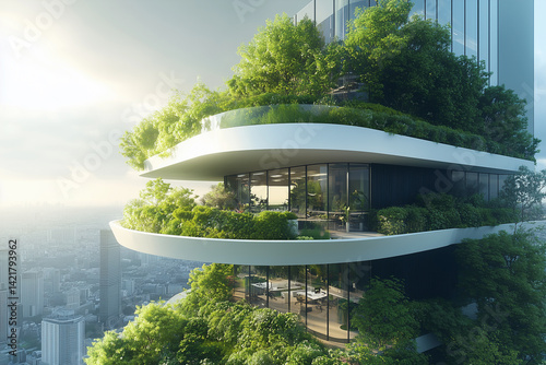 Sustainable business center surrounded by greenery, rooftop garden, clean modern architecture, promoting health and productivity