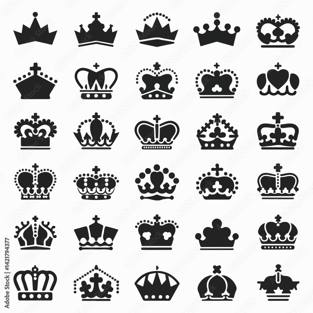 Minimalist Crown Icon Set – Black and White Vector Silhouettes Minimalist Crown Icon Set – Black and White Vector Silhouettes