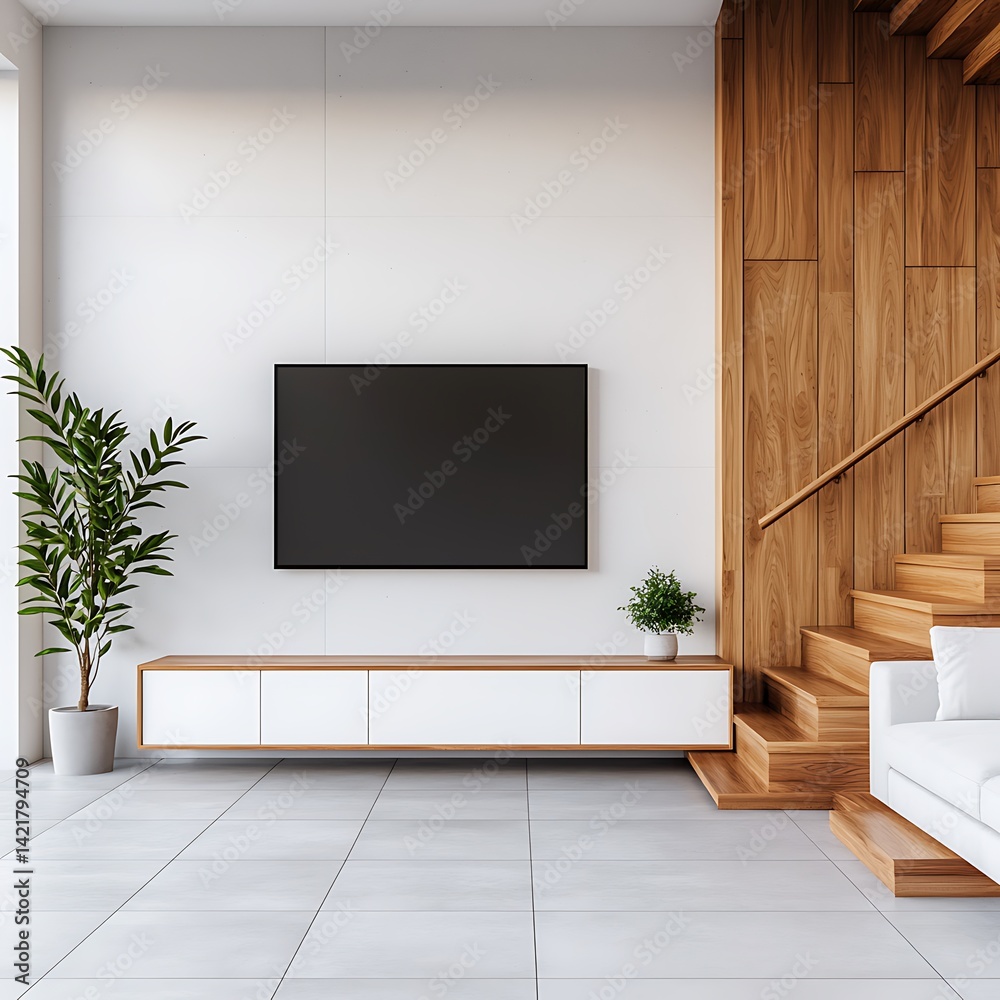 Modern Minimalist Living Space with Wood Stairs and Sleek Furniture for Relaxing and Comfortable Home Interior.