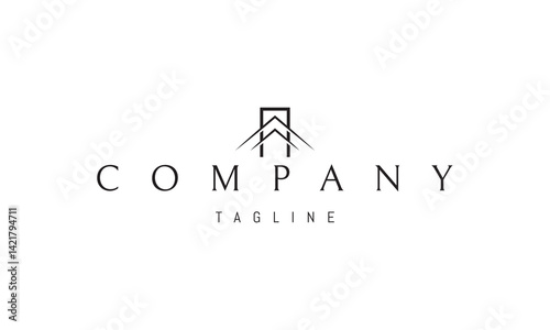 Vector logo with an abstract image of a doorway with an arrow pointing up.