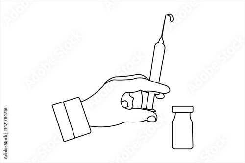 Continuous one line drawing of Vaccine and syringe outline art vector illustration