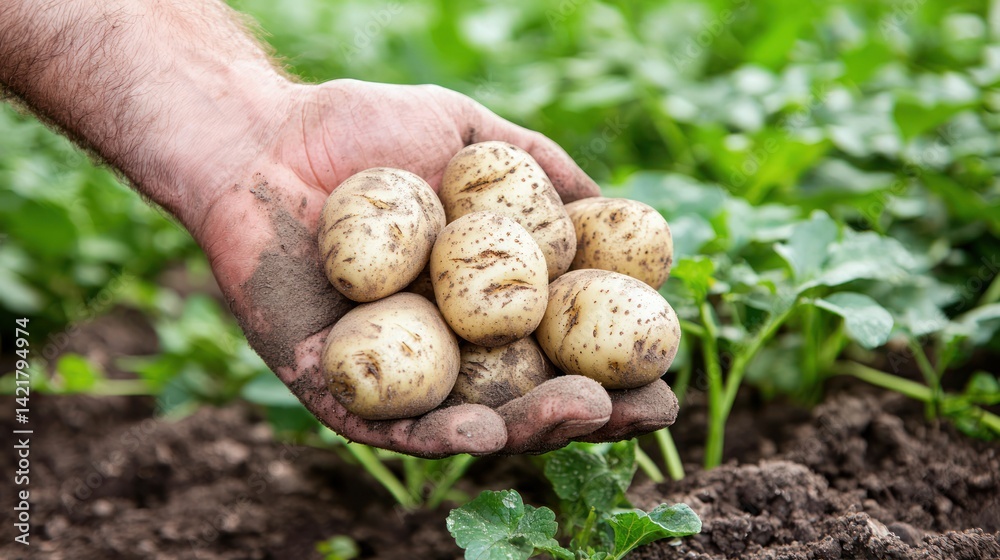Farmer's hand holding freshly harvested potatoes in a field Farmer's hand holding freshly harvested potatoes in a field