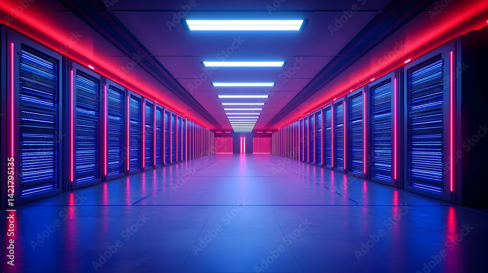Fototapeta premium Futuristic Server Room with Neon Lights