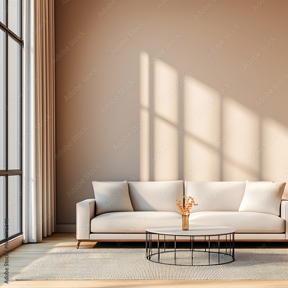 Modern Minimalist Living Room Interior Design with Natural Light and Neutral Color Palette Creating a Serene Atmosphere.