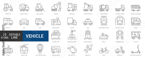 Transport, vehicle and delivery icons set - editable thin line web icon collection. Simple outline vector elements.