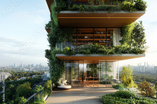 Contemporary office building with balcony gardens and natural wood textures