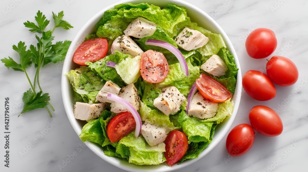 Chicken Salad Bowl with Romaine and Tomatoes - Fresh and healthy chicken salad bowl with romaine lettuce, juicy tomatoes, and red onion. Represents healthy eating, freshness, vibrant colors Chicken Salad Bowl with Romaine and Tomatoes - Fresh and healthy chicken salad bowl with romaine lettuce, juicy tomatoes, and red onion. Represents healthy eating, freshness, vibrant colors