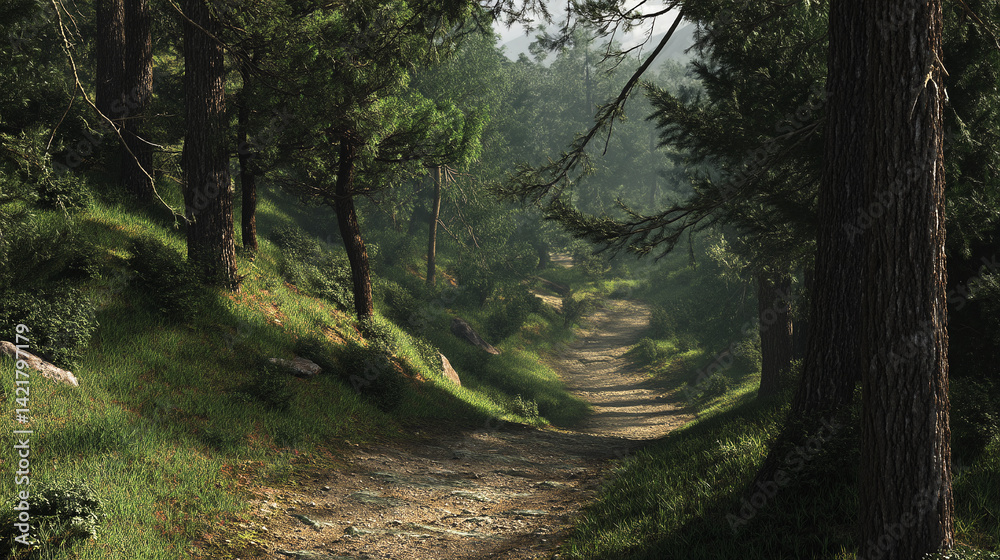 Fototapeta premium Forest path scenery, nature landscape, green trees, hiking trail, outdoor adventure, woodland scene, peaceful 100