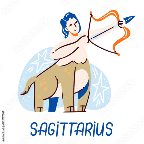 Sagittarius zodiac sign depicted as centaur archer aiming a bow with decorative elements. Creative and colorful vector illustration of astrological symbolism in cartoon style.