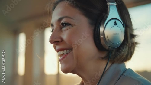 Woman Listening Music:  Smiling woman in headphones is immersed in the world of music and her joyful emotions. The photograph captures a sense of peace, relaxation, and the power of music to uplift.