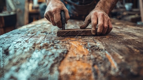 Craftsman carving wood in workshop,  rustic background, restoration project