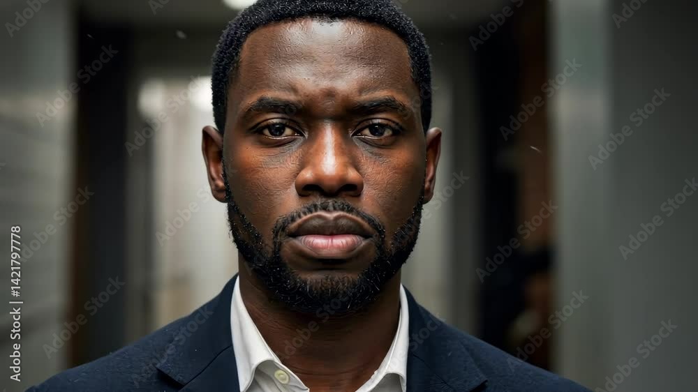A serious man in a formal suit stands confidently in a hallway.