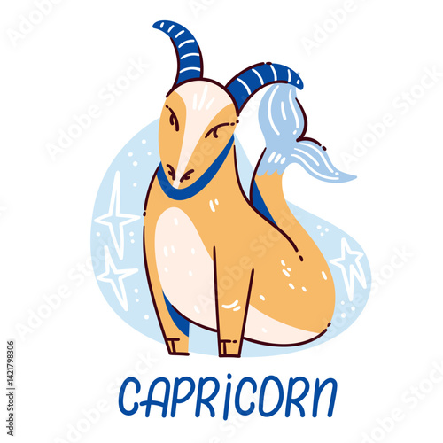 Capricorn zodiac sign depicted as stylized goat with fishtail, featuring blue and beige tones with decorative element on bg. Vector illustration of astrological symbolism in cartoon style.